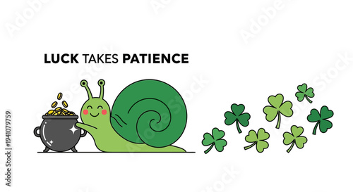 Luck takes patience with a snail pot of gold and clover on transparent background silhouette