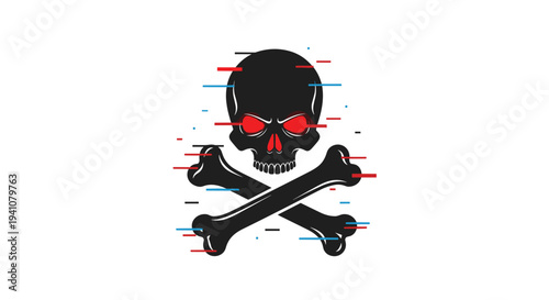 Black skull and crossbones icon with red glowing eyes features a modern digital glitch effect with colorful horizontal lines on a white background.
