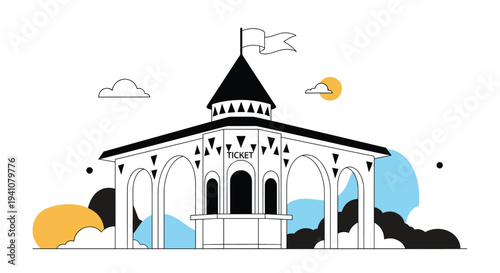Stylized illustration of a vintage ticket booth building with white arches and a black pointed roof under a bright sun and clouds.