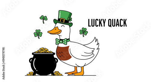 Charming lucky duck illustration with shamrocks and gold on transparent background silhouette