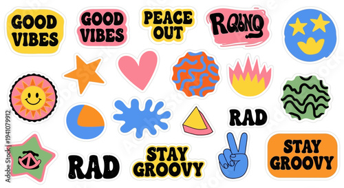 Retro sticker pack with positive messages on transparent background silhouette