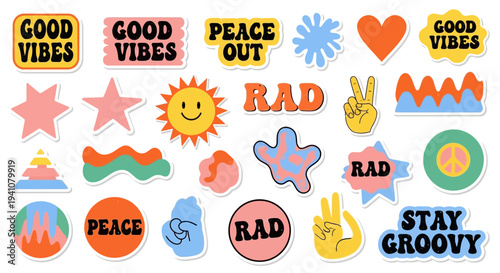 Colorful sticker pack with positive messages on transparent background silhouette