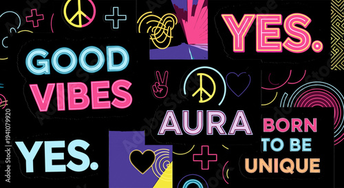 Neon signs with positive messages and symbols on transparent background silhouette