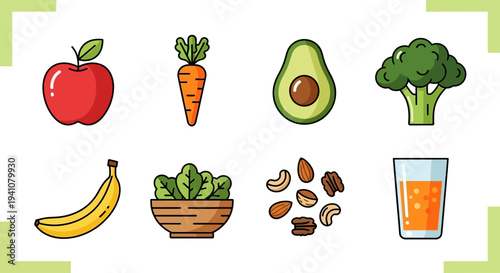 Colorful fruit and vegetable icons with outline style on transparent background