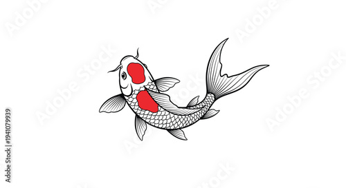Artistic drawing of a white koi fish with vibrant red spots and detailed scales swimming gracefully on a white background.