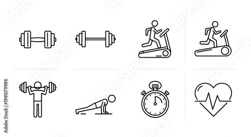 Fitness icons depicting exercise equipment and health on transparent background silhouette