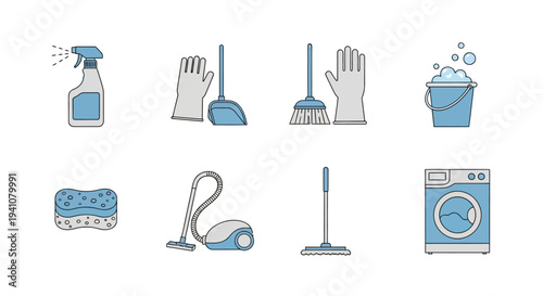 Cleaning supplies icons set with spray gloves and mop on transparent background silhouette