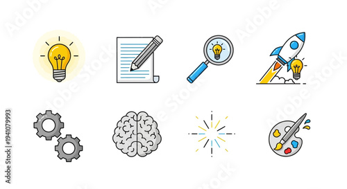 Creative concepts with lightbulb pencil and rocket silhouette on transparent background