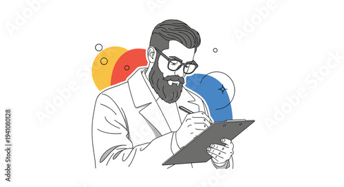Focused doctor with a beard and glasses wears a white coat while taking notes on a clipboard against a colorful abstract background.