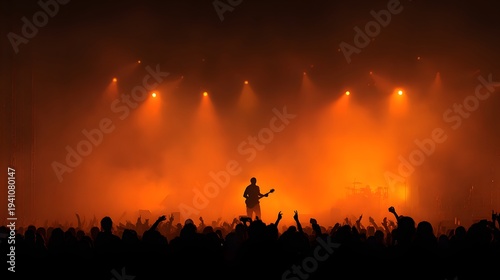 Silhouette of a Guitarist Performing on Stage with Orange Haze and Crowd.