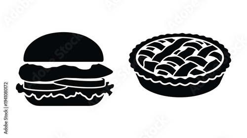 Burger and pie black silhouettes on transparent background vector illustration