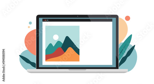 Modern laptop computer is open and displays a colorful mountain landscape photo on its screen with an artistic abstract background.