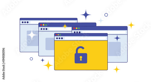 Concept of web security showing multiple browser windows with a large yellow window featuring an open blue padlock in the center.