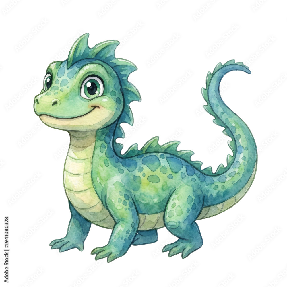 Obraz premium Cute cartoon baby dragon with green scales and big eyes, isolated on white background.