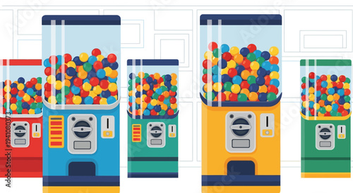 Colorful Gumball Vending Machines Illustration with Sweet Candies and Toys