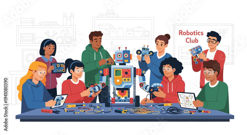 Diverse students building robot in robotics club, STEM education, teamwork, innovation