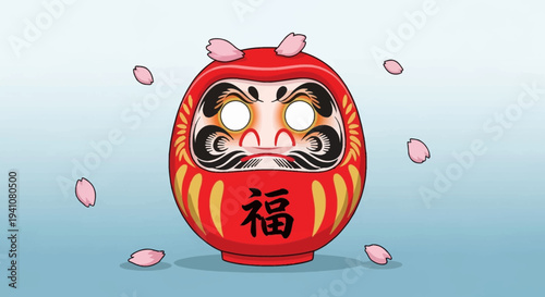 Japanese Daruma Doll with Cherry Blossoms, Symbol of Luck and Perseverance