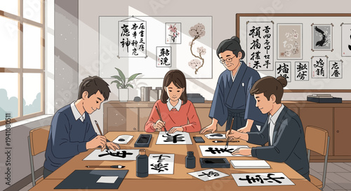 Japanese Calligraphy Class: Students Learn Art of Shodo from Teacher