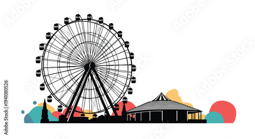 Black silhouette of a large Ferris wheel and carnival tents stands against a colorful abstract background of circles and shapes.