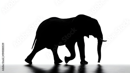 Silhouette of an African Elephant Walking Against a White Background.