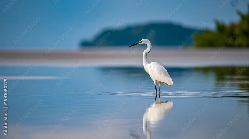 Obraz premium White heron standing in calm water with soft background wildlife bird and nature landscape concept