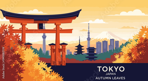Tokyo Autumn Scenery: Torii Gate, Fuji, Skytree, Pagoda, Fall Leaves