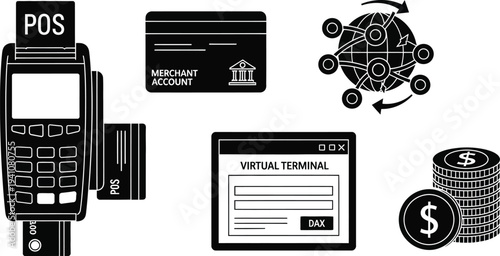Point of sale terminal, merchant account card, virtual terminal window, and stacked coins represent digital payment processing systems.