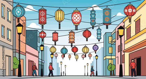 Vibrant Asian Street Scene with Colorful Lanterns and People Walking