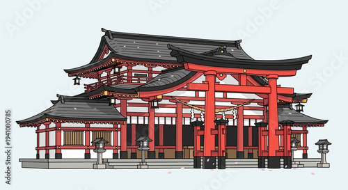 Traditional Japanese Temple and Red Torii Gate. Ancient Asian architecture and cultural landmark.