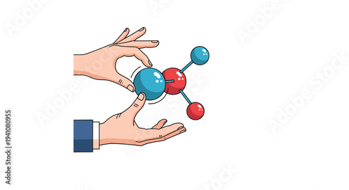 Two hands carefully connect a blue atom to a red and blue molecular model showing scientific research or education in a lab setting.