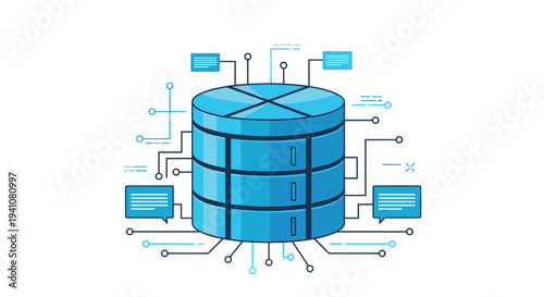 Blue 3D database cylinder is connected to various network points and speech bubbles representing centralized data management.