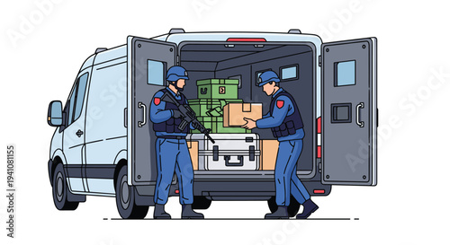 Two security guards in blue uniforms and helmets load heavy boxes and cases into the back of a white armored transport van.