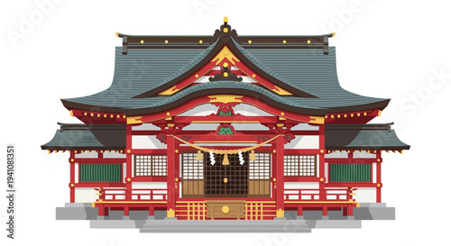 Traditional Japanese Shrine Building with Ornate Red and Gold Details