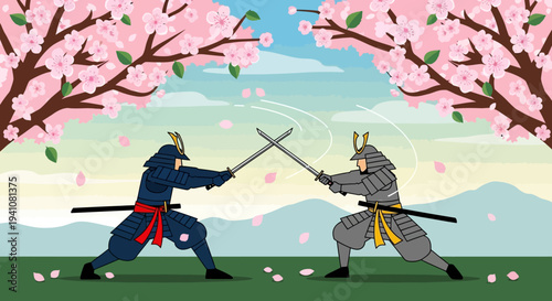 Two Samurai Warriors Duel Under Cherry Blossoms in Spring