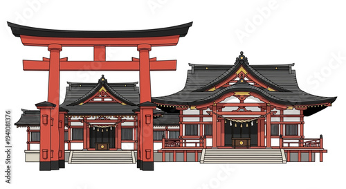 Traditional Japanese Shrine with Red Torii Gate and Temple Building