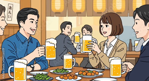 Friends enjoying drinks and snacks at a Japanese izakaya, celebrating together