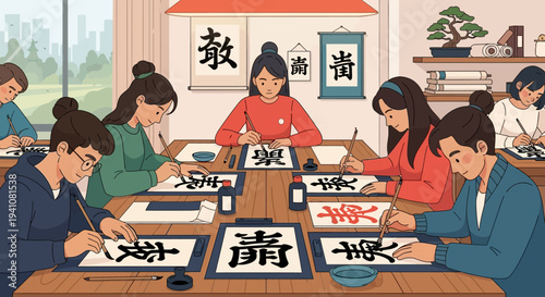 Japanese Calligraphy Class: Students Learn Traditional Brush Writing Art