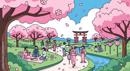 Japanese Cherry Blossom Festival Picnic with Torii Gate and River