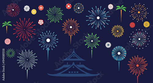 Japanese Castle and Colorful Fireworks Display at Night, Traditional Summer Festival Celebration