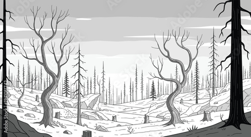 Desolate black and white landscape shows a field of tree stumps and dead, leafless trees under a grey sky representing environmental damage.