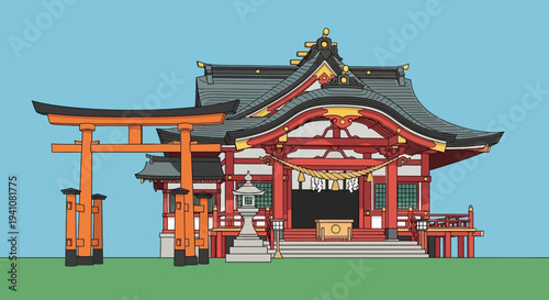Traditional Japanese Shrine with Torii Gate and Lantern, Stylized Illustration