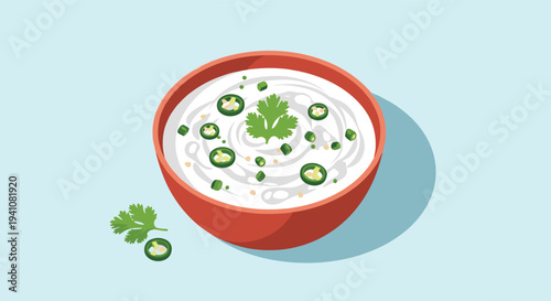 Colorful bowl of traditional indian raita sauce made with yogurt, herbs, and green chilies served in a red ceramic bowl.