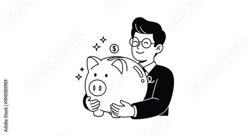 Young happy businessman with glasses hugging a large piggy bank, symbolizing successful personal savings and long-term financial planning.