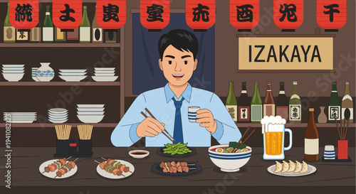 Man enjoys Japanese izakaya food and sake, traditional bar dining experience
