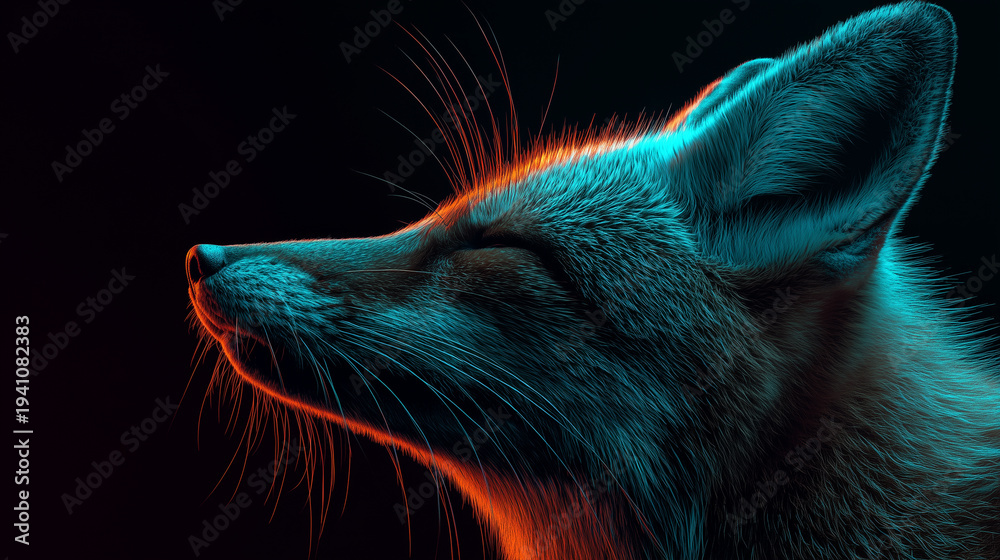 Fototapeta premium Fox profile with slender face and pointed ears, turquoise facial light and red orange rim lighting on fur