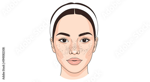 Close-up illustration of a beautiful young woman's face with natural freckles across her nose and cheeks, wearing a simple white headband.