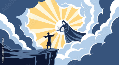 Majestic religious illustration of a figure in a robe appearing in the clouds to present stone tablets to a man standing on a high cliff.