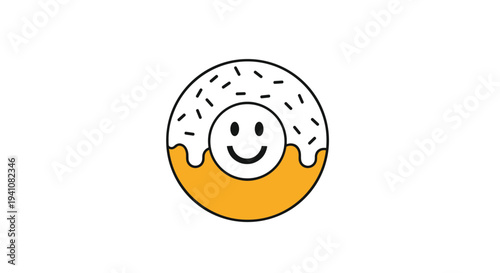 Simple graphic illustration of a glazed donut with sprinkles, featuring a happy smiley face in the middle hole for a fun snack concept.