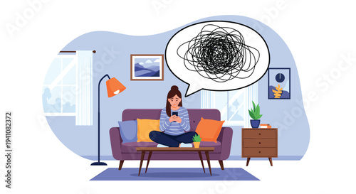 Sad young woman sitting cross-legged on a sofa and looking at her phone while a speech bubble shows tangled messy lines of thoughts.
