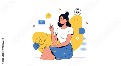 Modern illustration of a young woman sitting surrounded by floating communication icons like speech bubbles and digital email symbols.